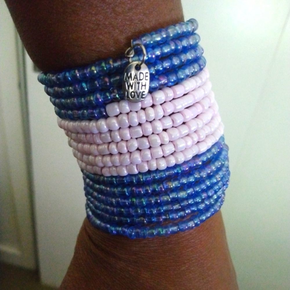 Handmade Blue & Pink Beaded Stack Bracelet w/ Silver Charm | Humbled Hearted